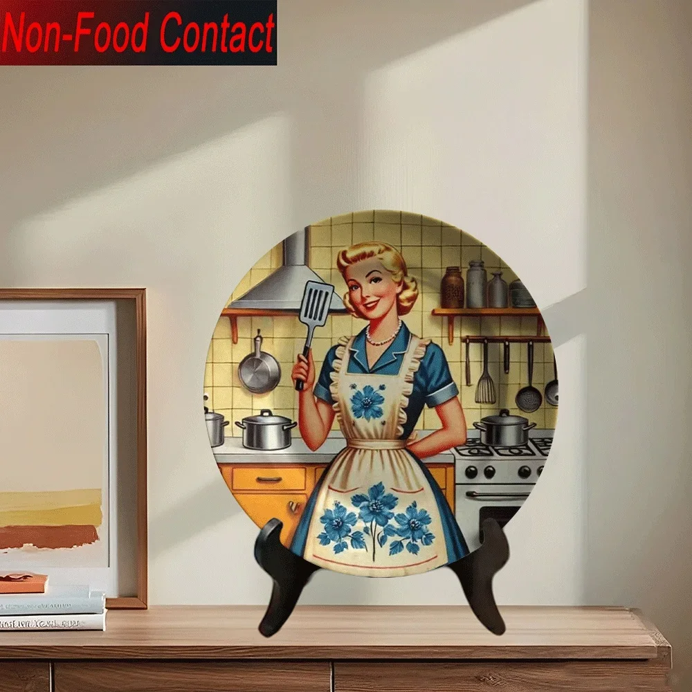 2D 1pc Ceramic Decorative Plate, Non-Consumable Pure Decoration, Vintage Blonde Woman Kitchen Pattern Home Tabletop Art