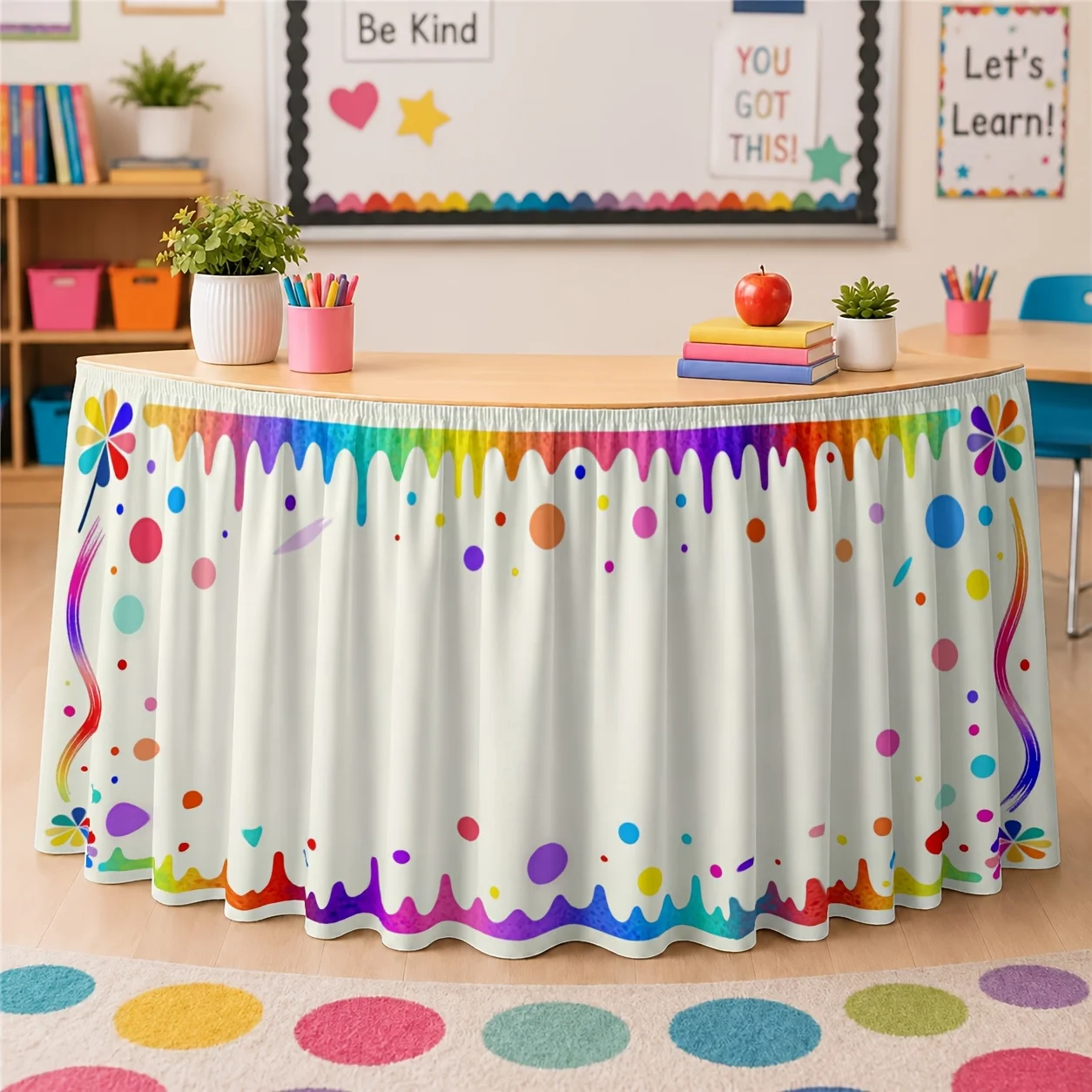 Table skirt / tableskirt - 1-piece set. Colorful rainbow sequin table skirt with floral trim.
