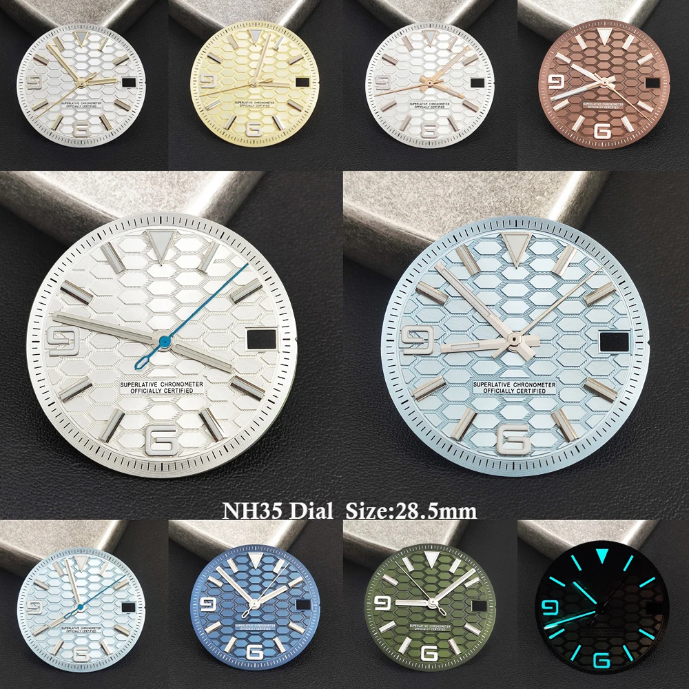 28.5mm Honeycomb Design hexagonal pattern dial NH35 Dial  ice Blue Luminous Suitable for NH35/NH36 Movement Watch part module