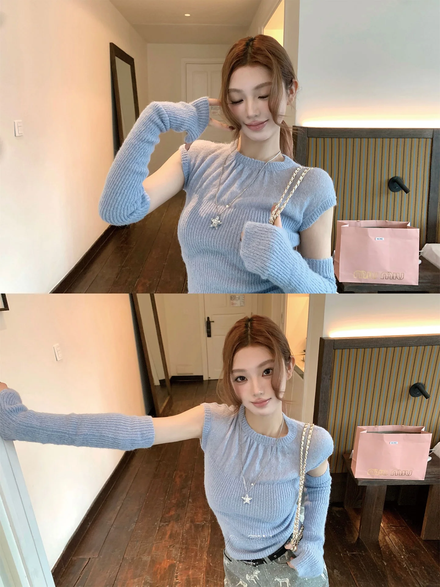 

Korean Sle ort Sve Camere Knitted irt Women's Inner Wear Casual Slim Fit round Ne Spring Morning Dew Drop