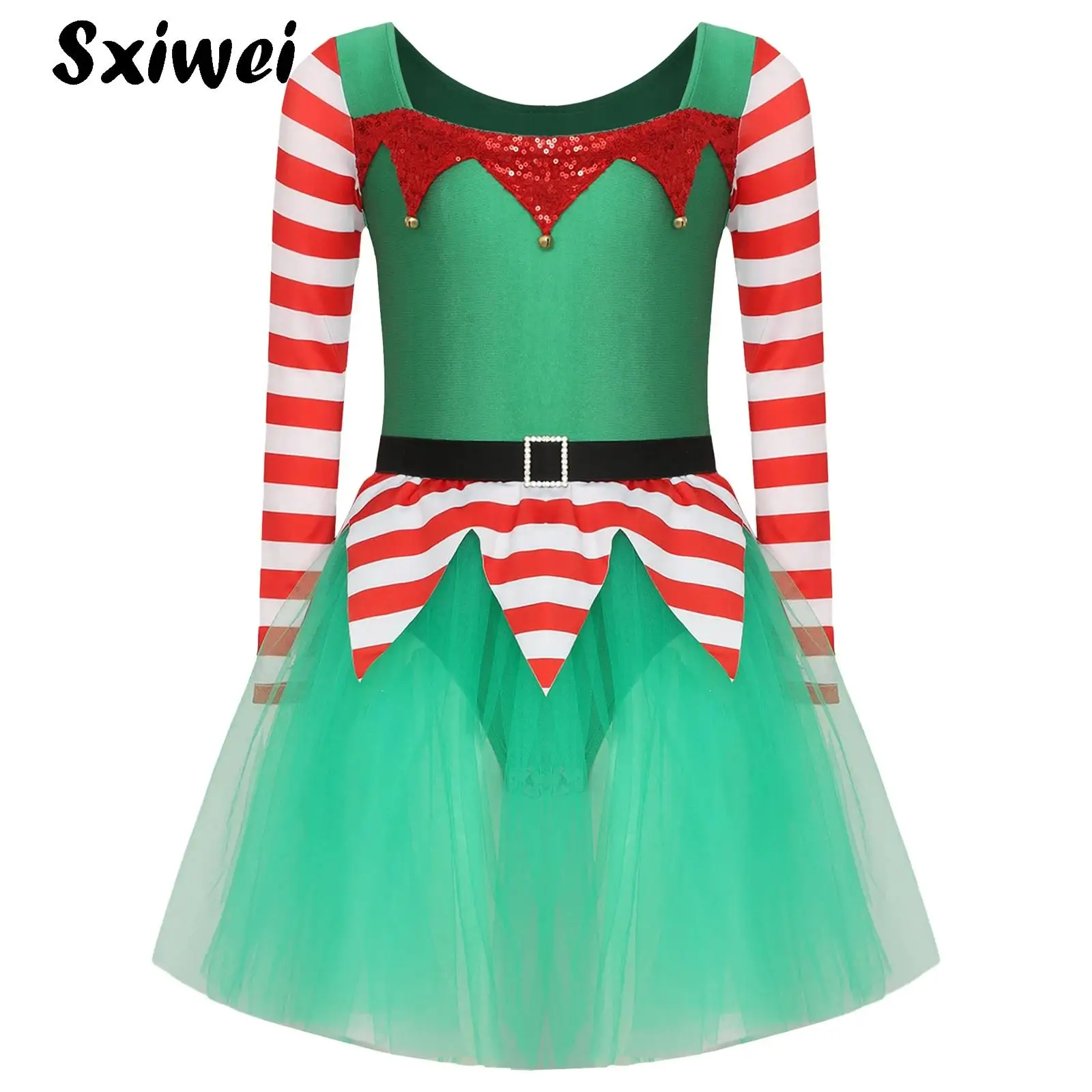 

Candy Cane Christmas Dance Dress Kids Girl Striped Sequins Mesh Tutu Ballet Leotard Figure Skating Dress Santa Claus Elf Costume