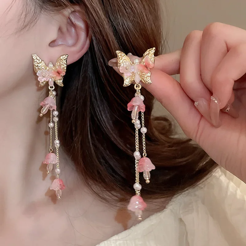 Butterfly Flower Crystal Tassel Earrings for Women Korea Sweety Long Drop Earring Fashion Temperament Luxury Designer Jewelry