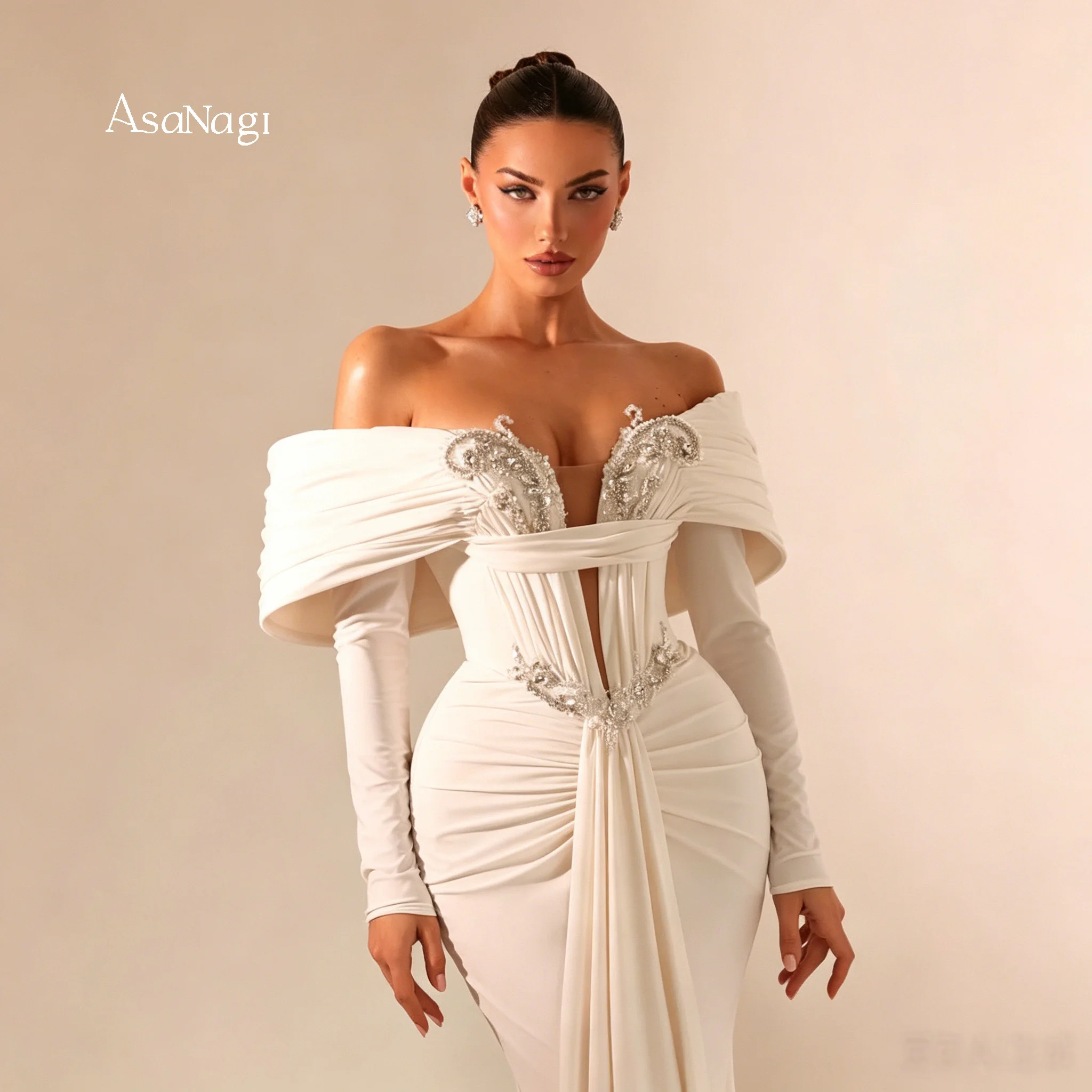 

Elegant Ivory Off-Shoulder Fishtail Gown Embroidered & Beaded Evening Dress for Formal Occasions