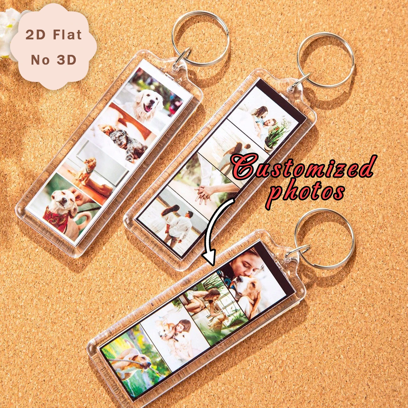 Custom Long Collage Acrylic Keychain, 2D Flat Multi‑Photo Keyring, Upload Multiple Pictures, Photo Splice Charm, Pet Family Coup