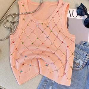 Colorful female tank top rhinestones, sleeve -free short top, casual round collar, summer clothes, camis 10 Main sales blouse Rhinests - №3