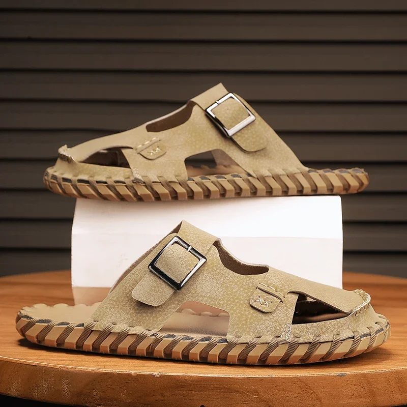Summer Mens Slippers Casual Beach Sandals Outdoor Shoes Slides Walking Comfort Lightweight Leather Fashion Luxury Designer image 3