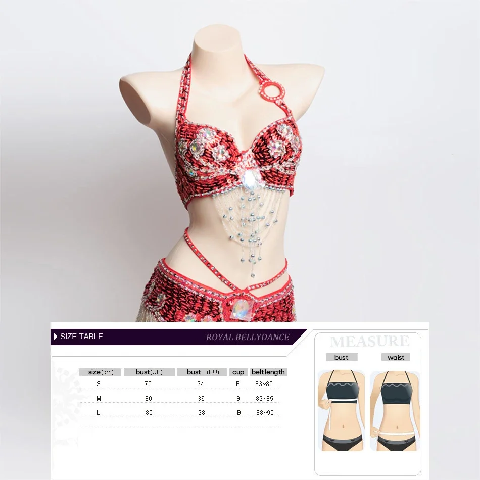 حمالة صدر وحزام للرقص الشرقي مكونة من قطعتين من حجر الراين المطرز بالخرز للنساء البالغات، دعائم أداء لمرحلة الرقص