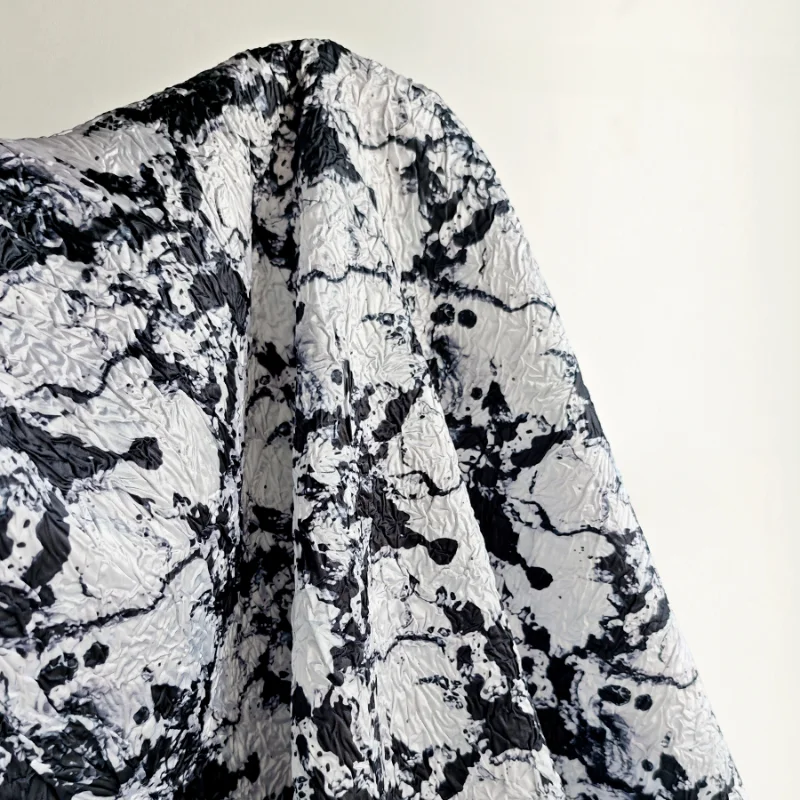 Black and White Splashed Ink Pressed Wrinkled Fabric Irregular Heavy Texture Scratch Wrinkled Dress Clothing Designer Fabric