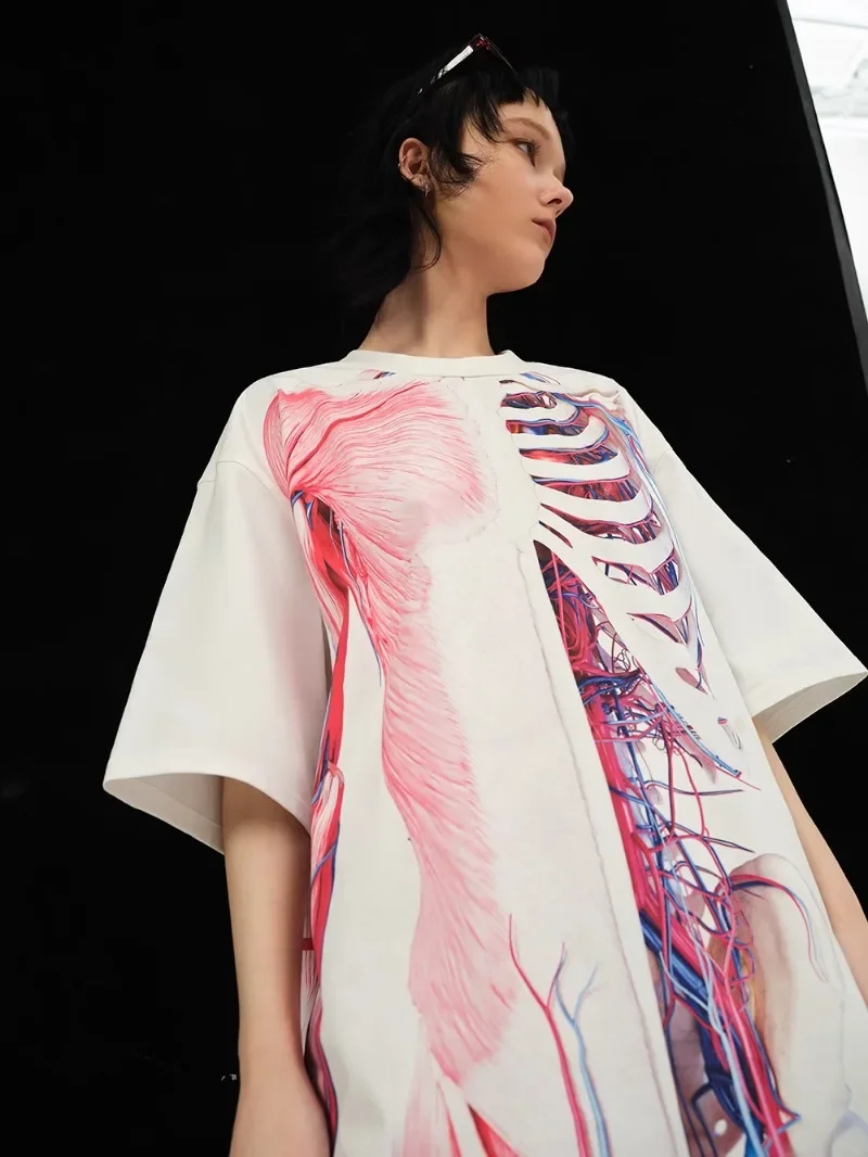 2024 Summer New Tees See-through Human Skeleton Fun Printing Oversized Loose Round Neck Summer T-shirt Short Sleeves Pullovers