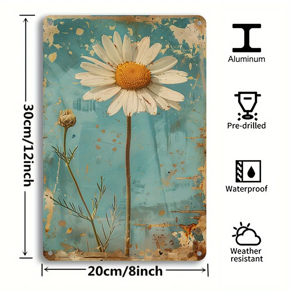 1PC Vintage White Daisy Metal Plaque Rustic Iron Wall Art Decoration Vintage Plaque for Home and Garden Decor 8x12 Inches