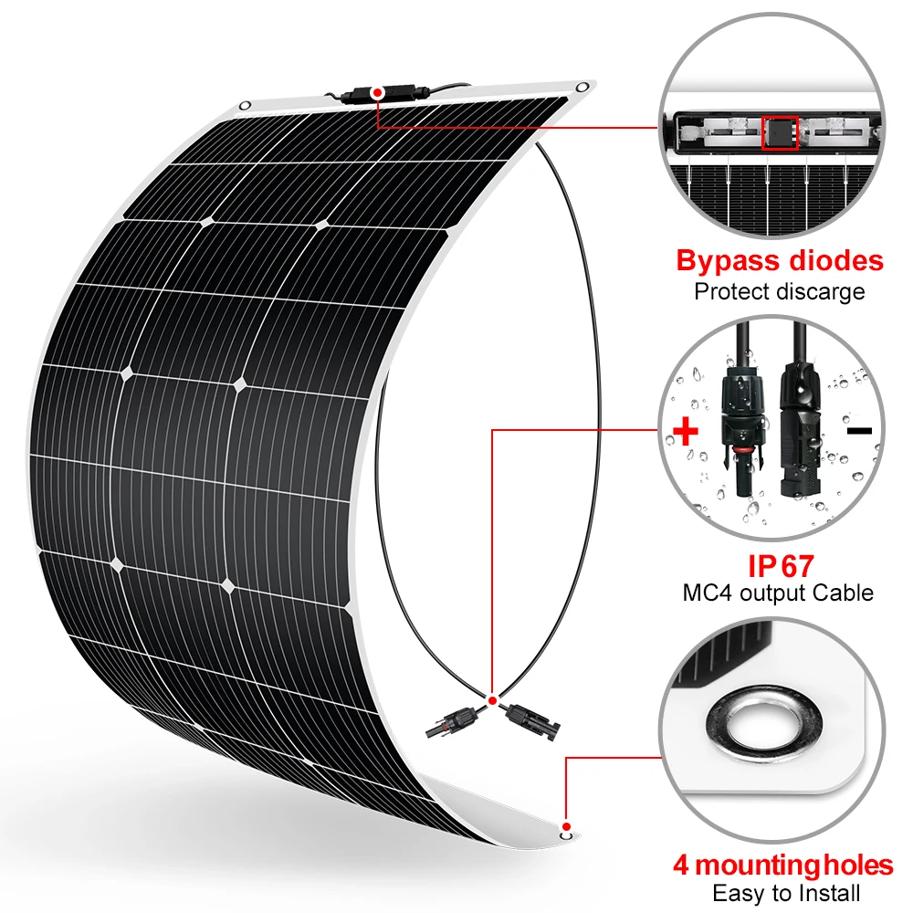 Dokio 18V Flexible 100W Solar Panel Sets For Car/Home Waterproof Monocrystalline Solar China Charge 12V Battery With 8M Cable