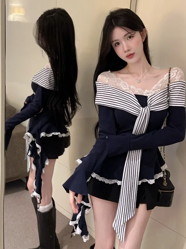 

Молодежная футболка с коротким кружевным вставками и длинными рукавами, асимметричный дизайн на одно плечо, уникальный стиль пэчворк, женский топ