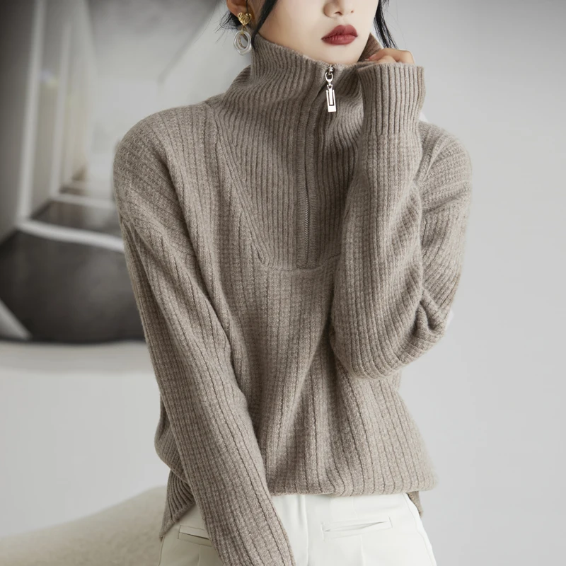 Autumn and winter women's collar pullover 100% wool sweater solid color knitted high-end versatile long sleeved new sweater