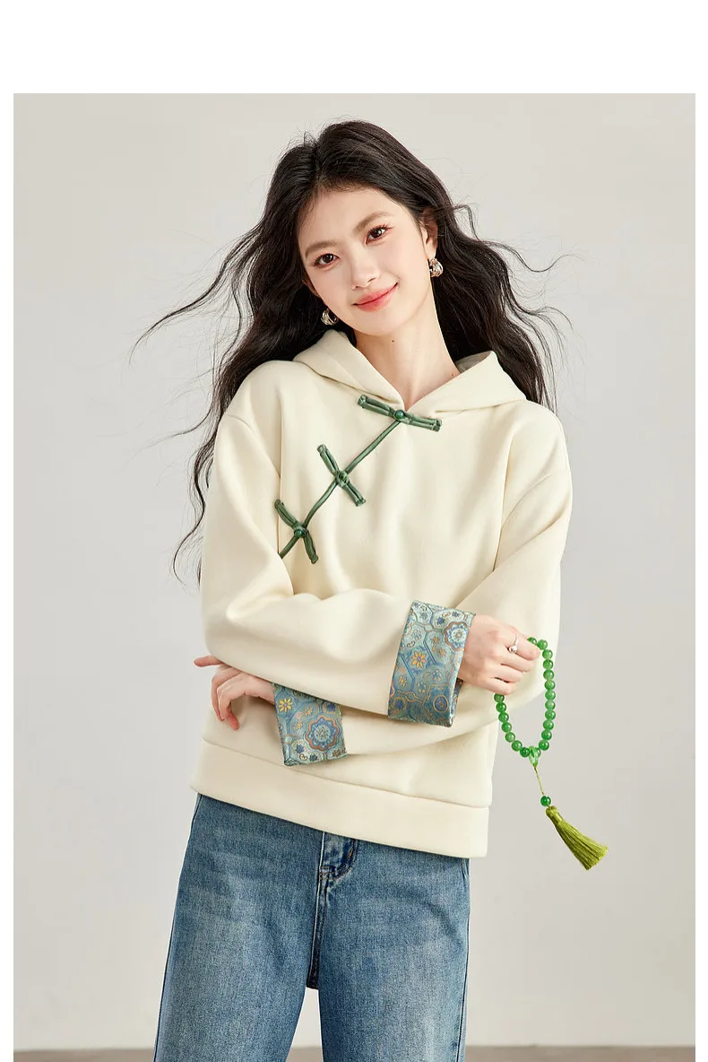 VIMLY New Chinese Style Hooded Sweatshirt Fall Winter Color Contrast Frog Button Fleece Lined Thickened Pullover Ladies A7683