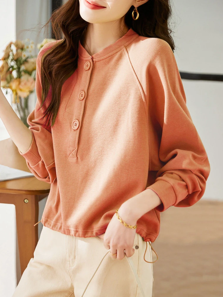 Knopf Frauen Sweatshirt Pullover grün Top lila schlichte Frau Kleidung koreanische Mode Basic auf Förderung ästhetische Anpassung e