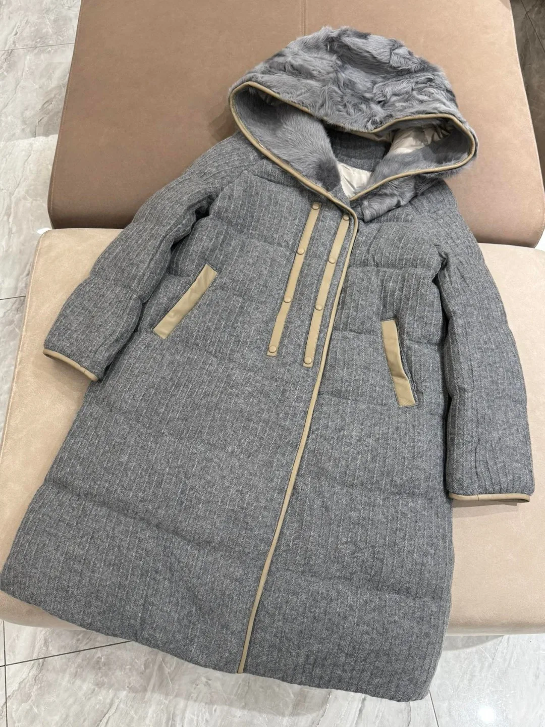 Autumn Winter Women\'s L*P Cashmere Knitted Fabric Hooded Goose Down Jacket Mid-length Coat With Lamb Wool Hood