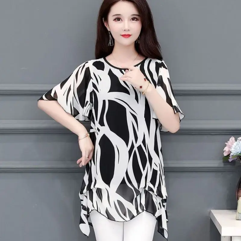 Women Summer Trend Loose Large Size Printing Appear Thin Chiffon Short Sleeve Shirts Women Clothes Fashion All-match Top Tee