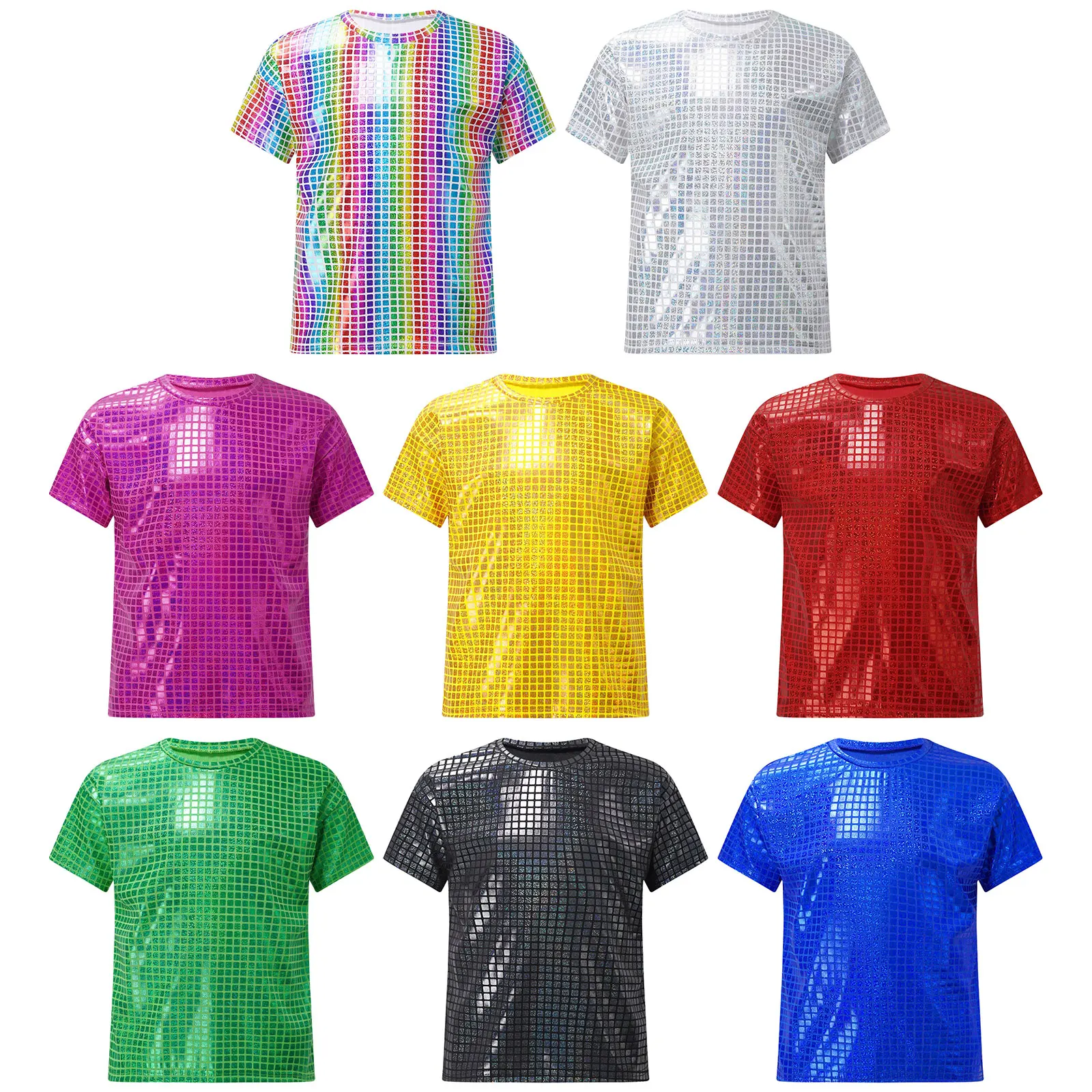 2024 New Kids Girls Boys T-shirt Summer Shiny Plaid Sequins Short Sleeve Tee Tops for Cheerleading Jazz Dance Stage Performance