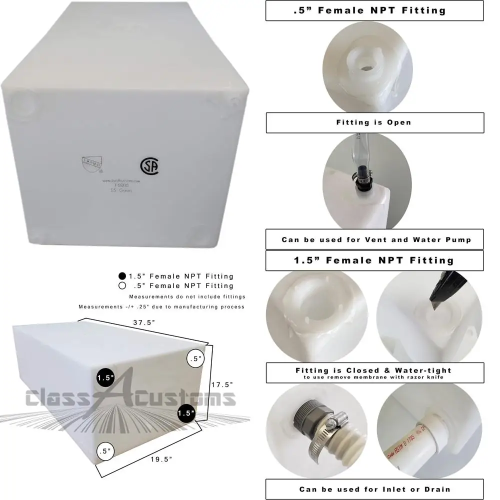 Tanque de armazenamento de água doce de grande capacidade de 55 galões para veículos alfandegários da classe A T-5500