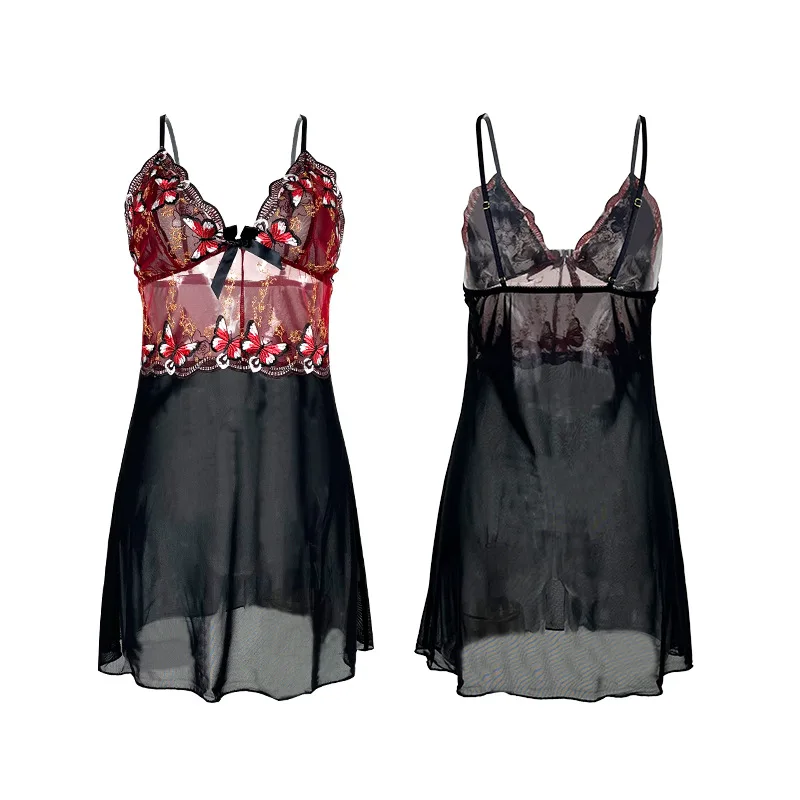 Camicia da notte sexy Farfalla Ricamo Donna Abito da notte Bretelle in rete Abito da pigiama Lingerie sensuale senza schienale Boudoir Sleepwear