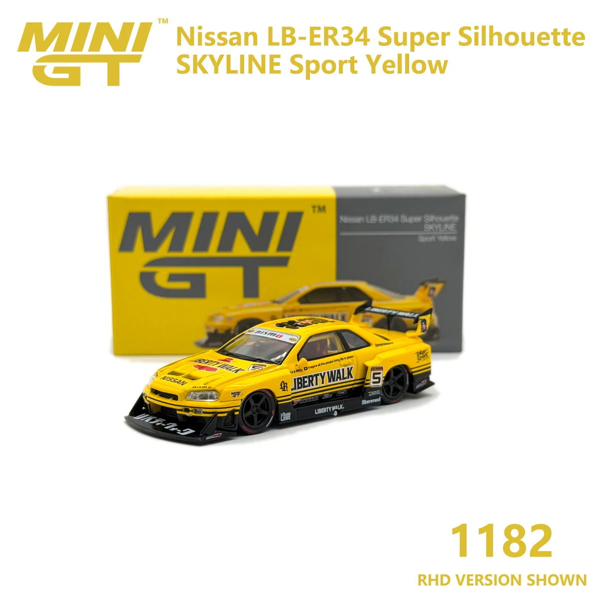 LBWK 1:64 MiniGT 1182 LB-ER34 Super Silhouette Skyline Sport Yellow Liberty Walk RHD MGT01182 Modelo de Carro em Miniatura em Estoque