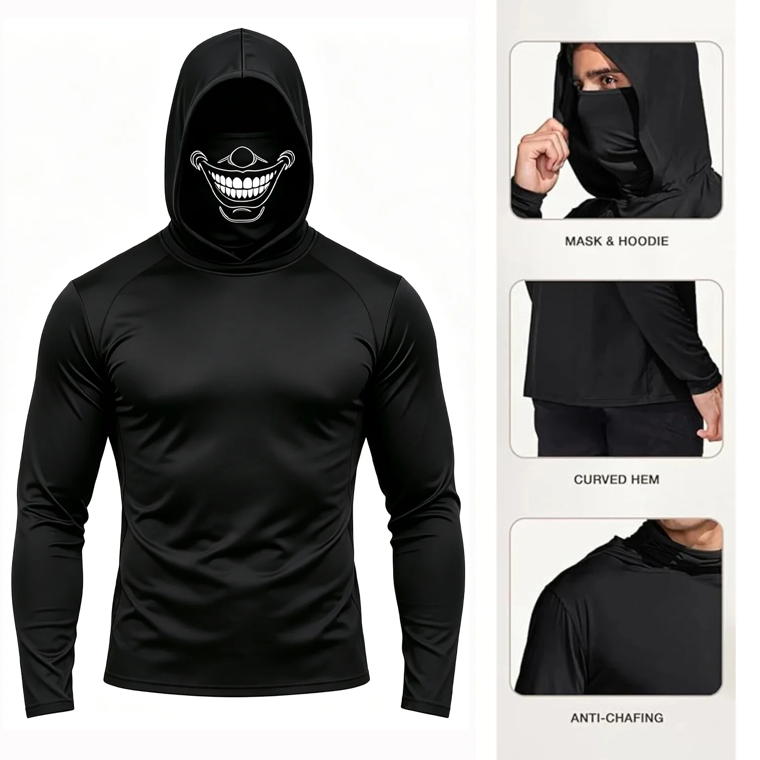 Fotografia 4: Camisa de Manga Longa com Capuz Integrado para Homens, Estampa de Rosto Sorridente Assustador, Hoodie de Secagem Rápida e Alta Elasticidade, Cosplay de Halloween