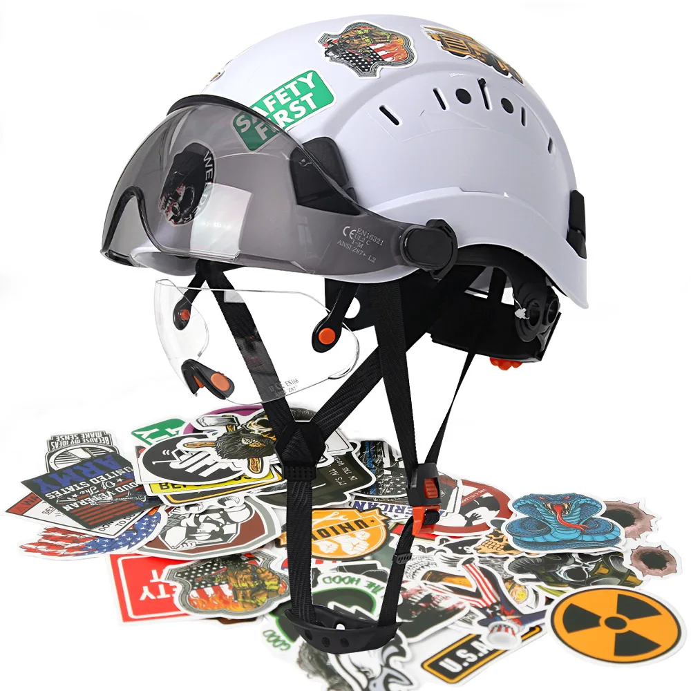 CE Safety Helmet w/ Visor Built In Goggles and 50Pcs DIY Stickers ABS Construction Hard Hat ANSI Protective Rescue Work Cap Set