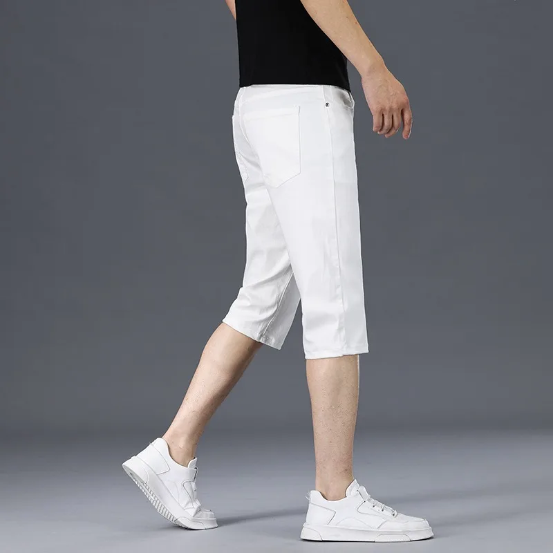 White Men Elastic Denim Short Knee Length Summer Slim Fit Thin Male Cropped Pants Stretched Streetwear Half Trousers Jeans