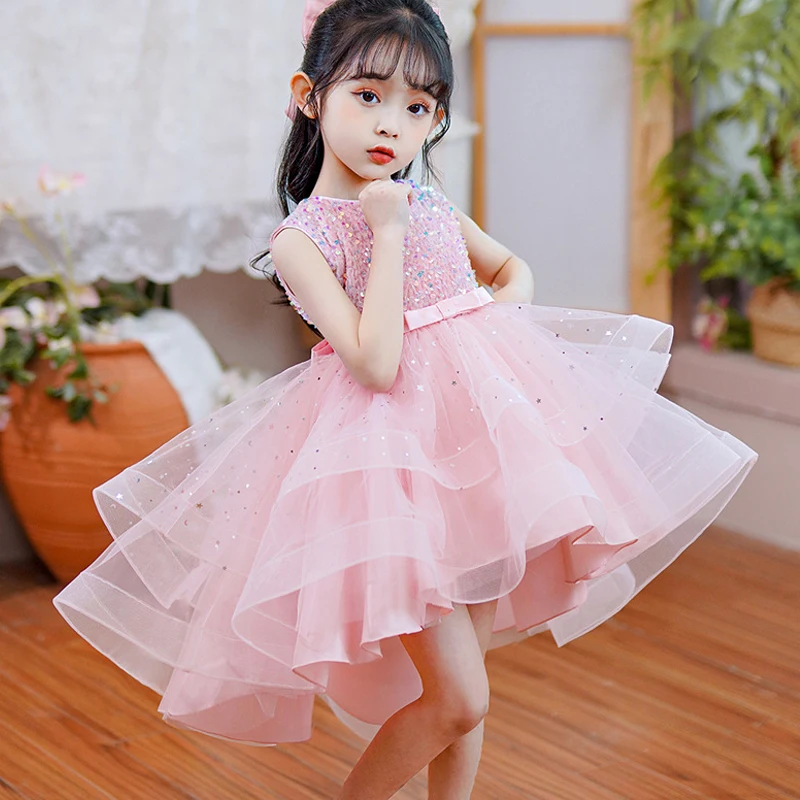 Flower Girls Fluffy Sequin Dresses for Weddings Party Luxury Pageant Pink Purple Mesh Evening Gowns Children Prom Princess Dress