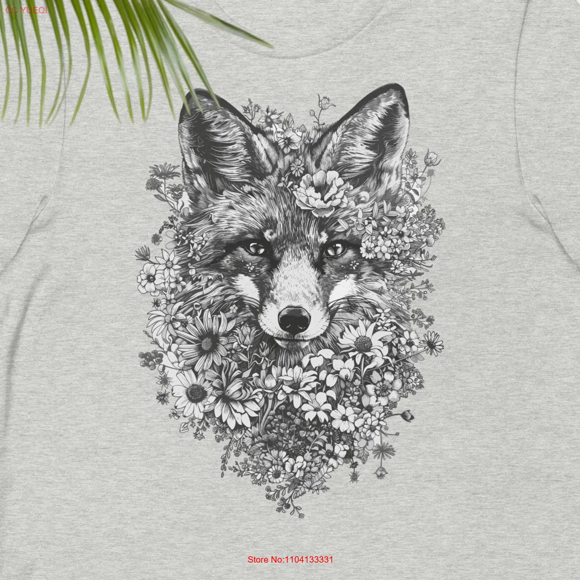 Blooming Fox T shirt Monochrome Grey scale and Flower Cottagecore Lover Minimalist Botanical long or short sleeves