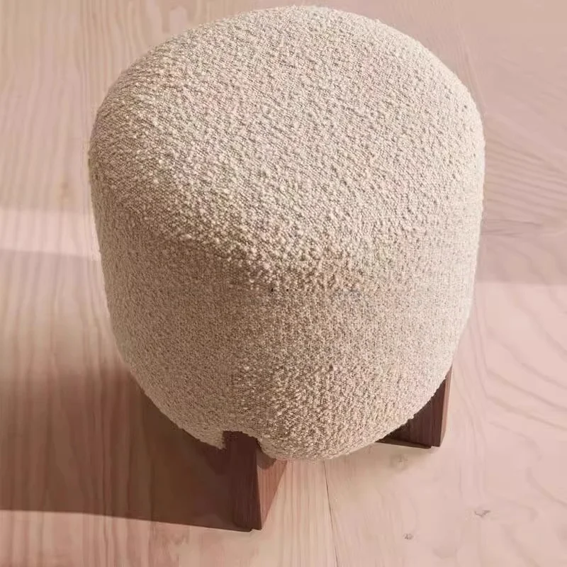 Otomana Redonda Moderna de Tela Bouclé con Tapizado de Madera para Sala de Estar, Reposapiés, Pufa, Muebles para Dormitorio, Banco de Descanso