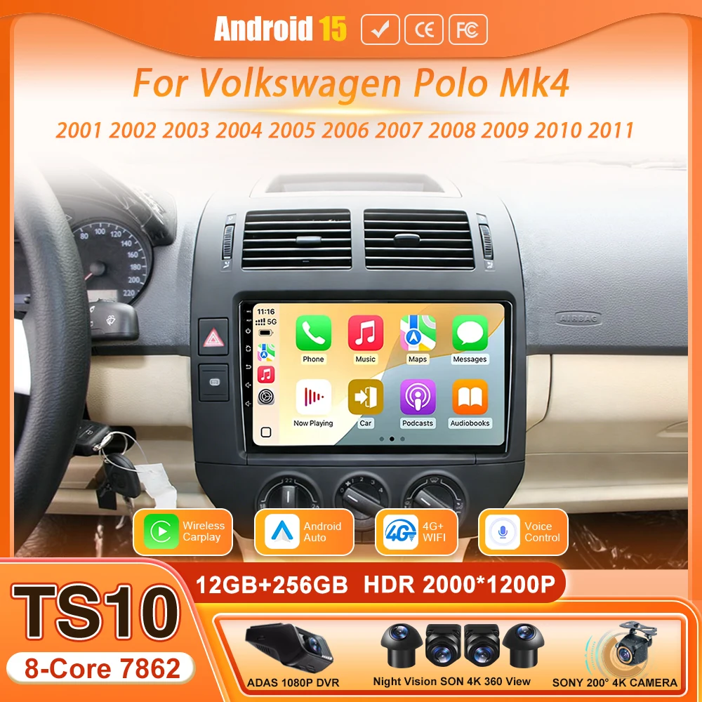 Android Car Radio Multimedia Autoradio Stereo Head Unit for Volkswagen Polo Mk4 2001 - 2011 with GPS Navigation Wireless CarPlay