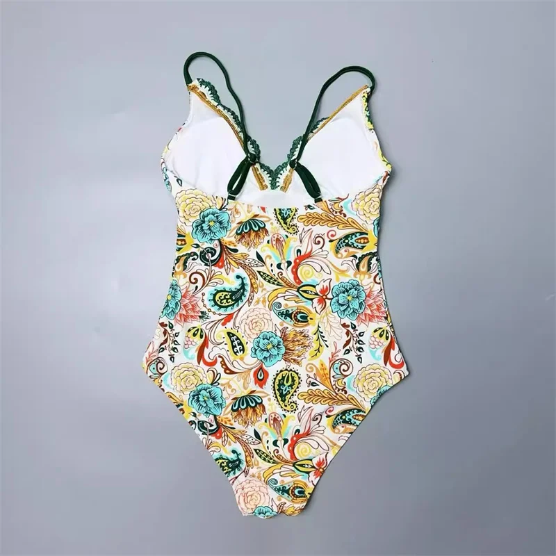 French Fresh printed sexy one-piece swimsuit with chest cushion summer colorful beach vacation bikini wireless bathing suit