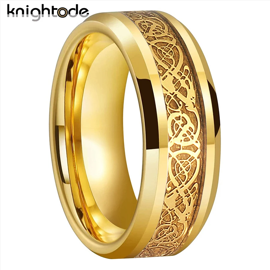 8mm Tungsten Carbide Wedding Rings Yellow Dragon/Carbon Fiber Inlay For Men Women Fashion Jewelry Beveled Polished Comfort Fit