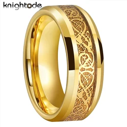 8mm Tungsten Carbide Wedding Rings Yellow Dragon/Carbon Fiber Inlay For Men Women Fashion Jewelry Beveled Polished Comfort Fit