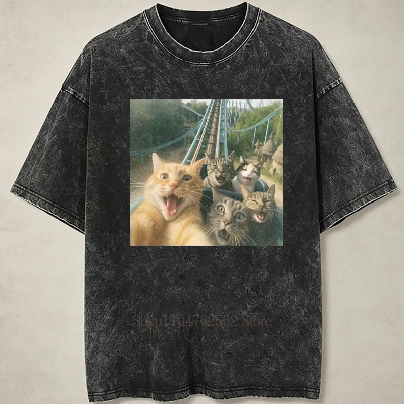 Retro Coole Katzenmuster-Print Gewaschene T-Shirts für Männer und Frauen Sommer Casual Mode Streetwear Y2K Hip Hop O-Ausschnitt Kurzarm-Shirts – Detail 2