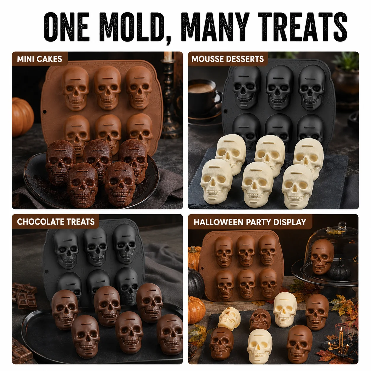 6-fach Totenkopf-Kuchenform aus lebensmittelechtem Silikon – leicht zu entformende Backform für gruselige Halloween-Party-Desserts und Schokolade – Detail 6