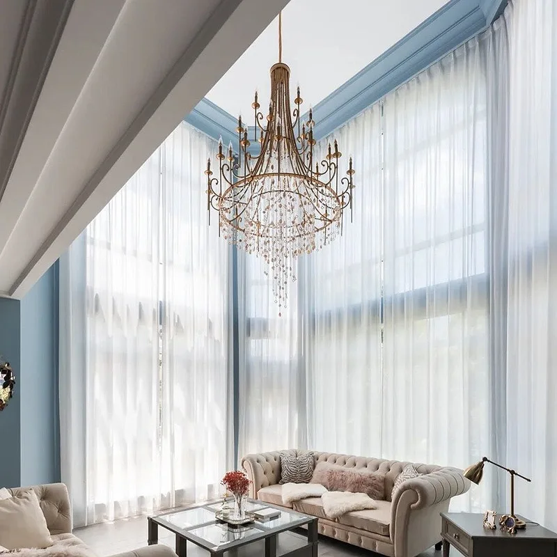Creative American duplex floor crystal chandelier retro French villa living room stairs