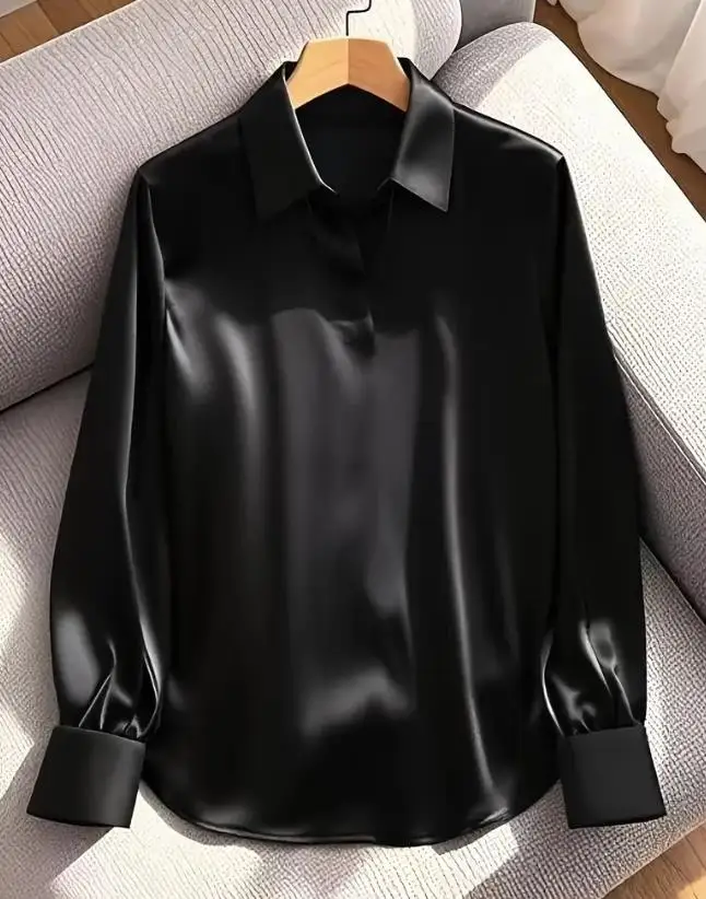 

2026 Summer New Women's Fashion Commuter Versatile Satin V-Neck Long Sleeve Shirt