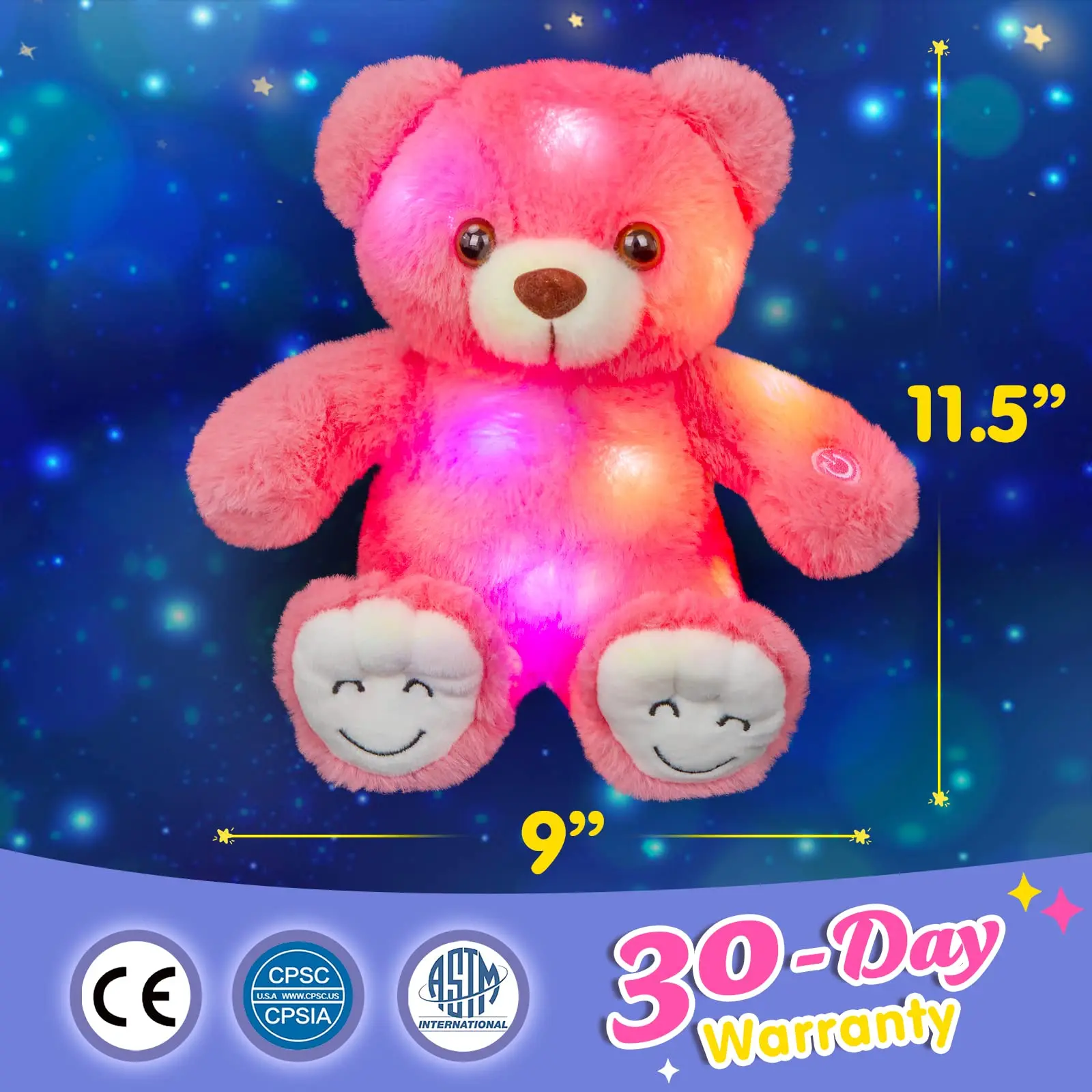 30cm Soft Luminous Bear Plush Toy White Pink Green Light-up Birthday Gift Cute Stuffed Animals for Girls Kids Glowing Toy