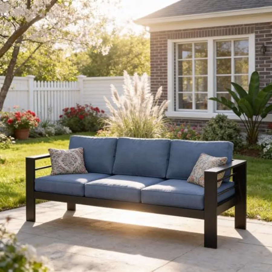 

Outdoor Couch Aluminum Patio Furniture Sofa 3 Seat All-Weather Metal Patio Couch with 5 Thick and Soft Cushion and Wide Arm Out