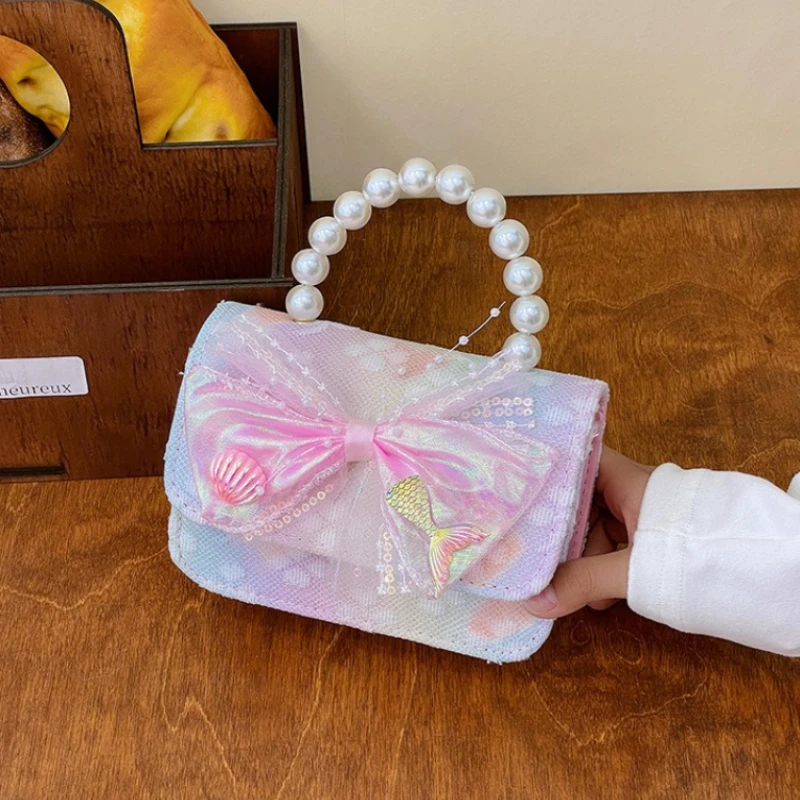 

Маленькие квадратные сумки принцессы с милым кружевным бантом для девочек, красочные детские сумки с жемчугом, клатч, детская сумка через плечо, кошелек для монет