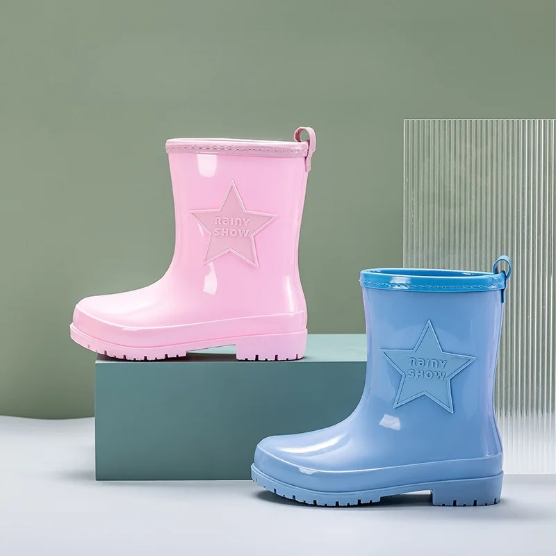 5-15Y Children's Pvc Slip-resistant Soft Sole Waterproof Rain Boots for Boys Girls Kid's Five-pointed Star Shoes H143-30