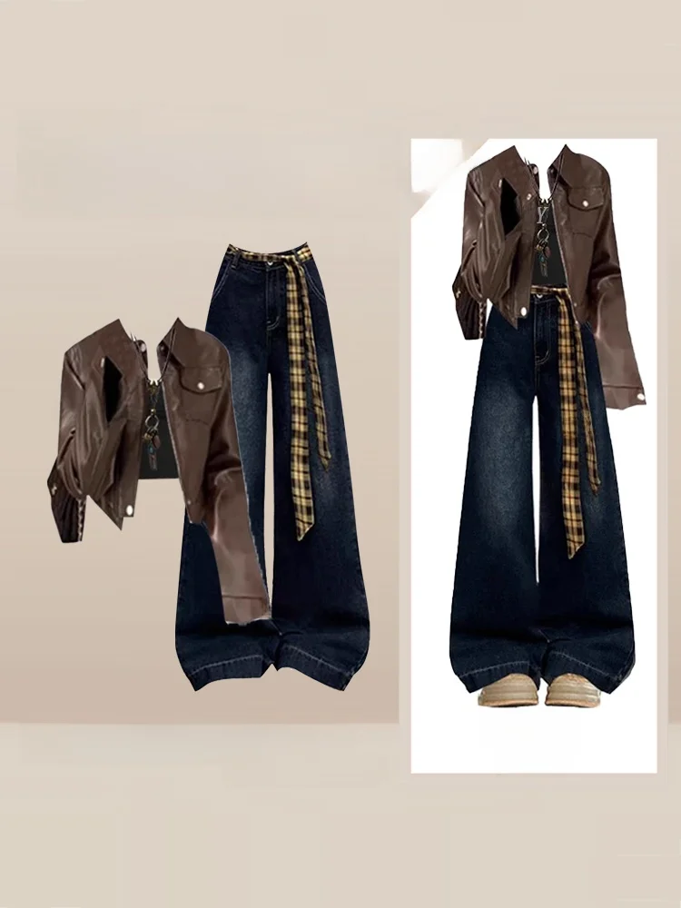 

Стильный и модный американский ретро-комплект: куртка и брюки с высокой талией и широкими штанинами, женский модный набор, высококачественный кожаный комплект из двух предметов.