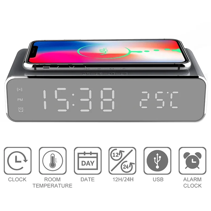 1pc Wireless Charger Alarm Clock LED Digital Watch Table Thermometer Electronic Desktop Clocks Wake Up FM Radio Time Fast Charge