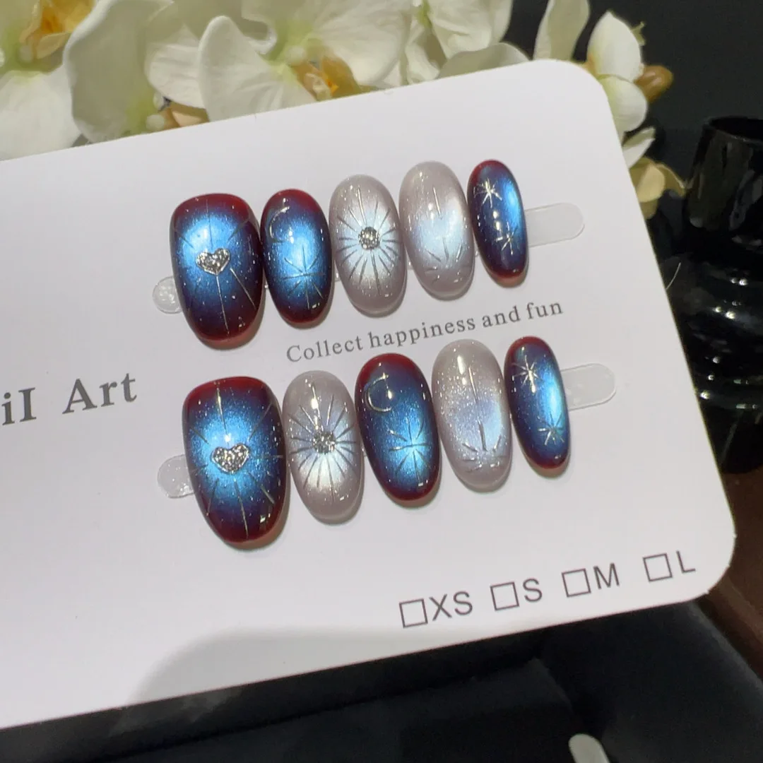 

10PCS Retro Glitter Blue Gradient Cat Eye French Handmade False Nails Silver Star Heart Luxury Short Square Round Press on Nails