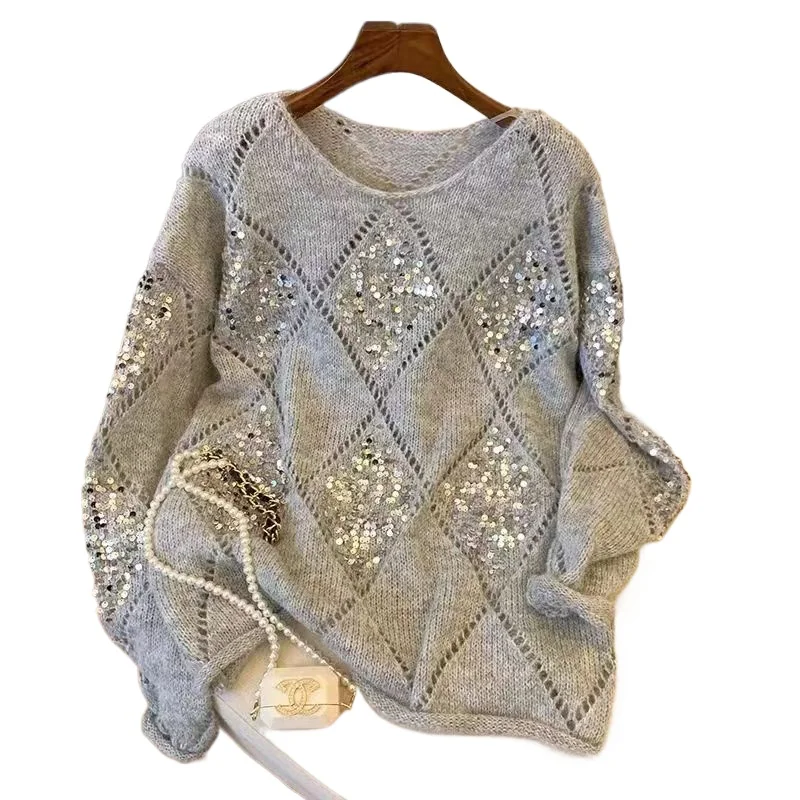 امرأة جوفاء محبوك سترة الترتر الصلبة بريق الحياكة بلوزة طويلة الأكمام البلوز البلوزات الإناث سيدة نادي الشاطئ الزي