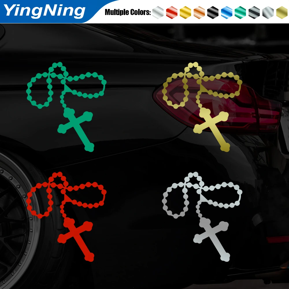 Catholic Rosary Beads Car Sticker Christian Cross Vinyl Decal Waterproof Laser Holographic Gold Religious Auto Window Decor