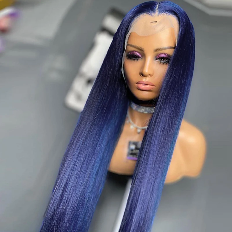 Dark Blue Preplucked Glueless 180Density Silky Straight 26Inch Long Lace Front Wig For Black Women With Baby Hair Daily Wear Wig