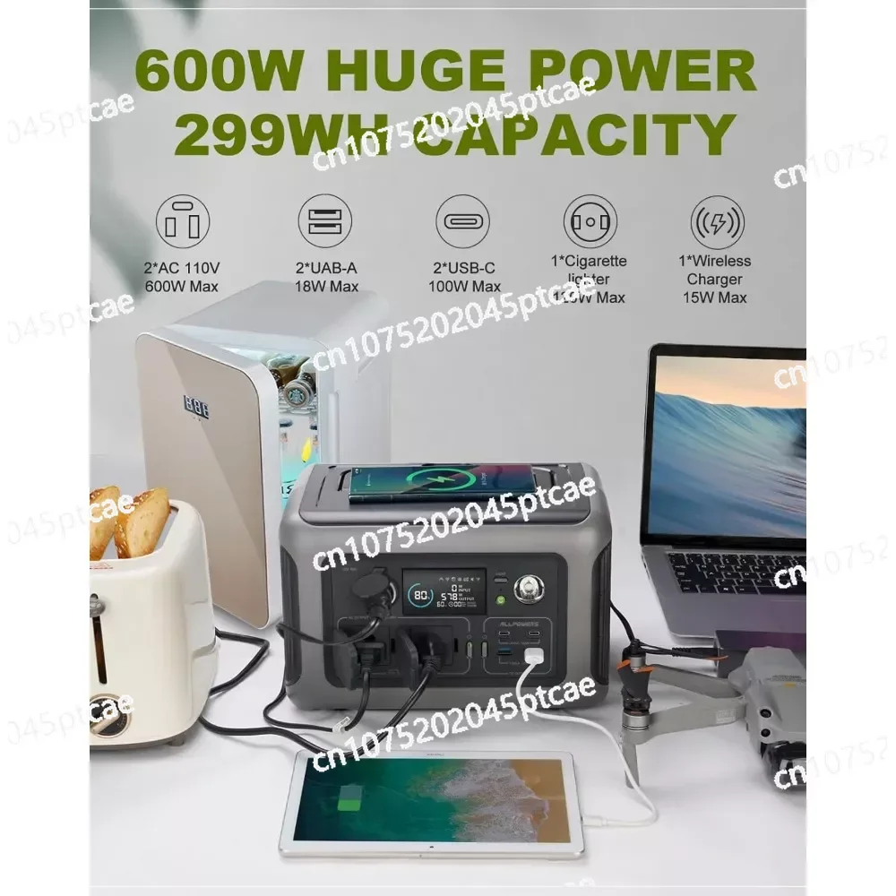 Portable Power Station R600, LiFePO4 Battery Backup, UPS Function, 1 Hour to Full 400W Input, 299Wh, 600W